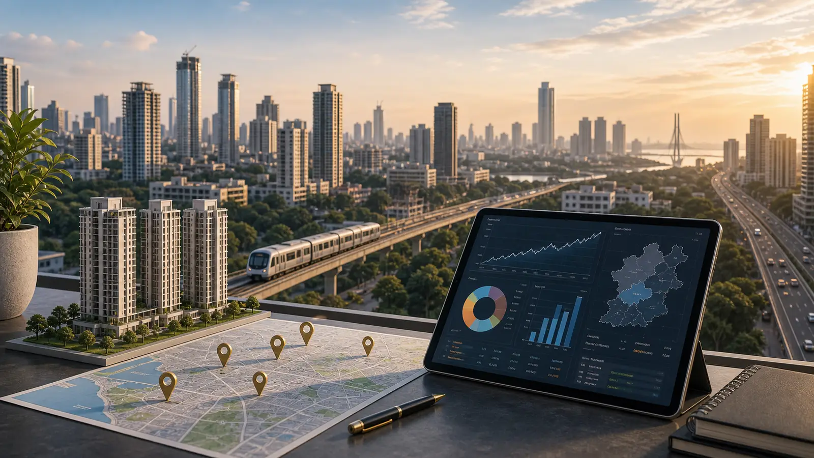 Mumbai skyline and property research workspace